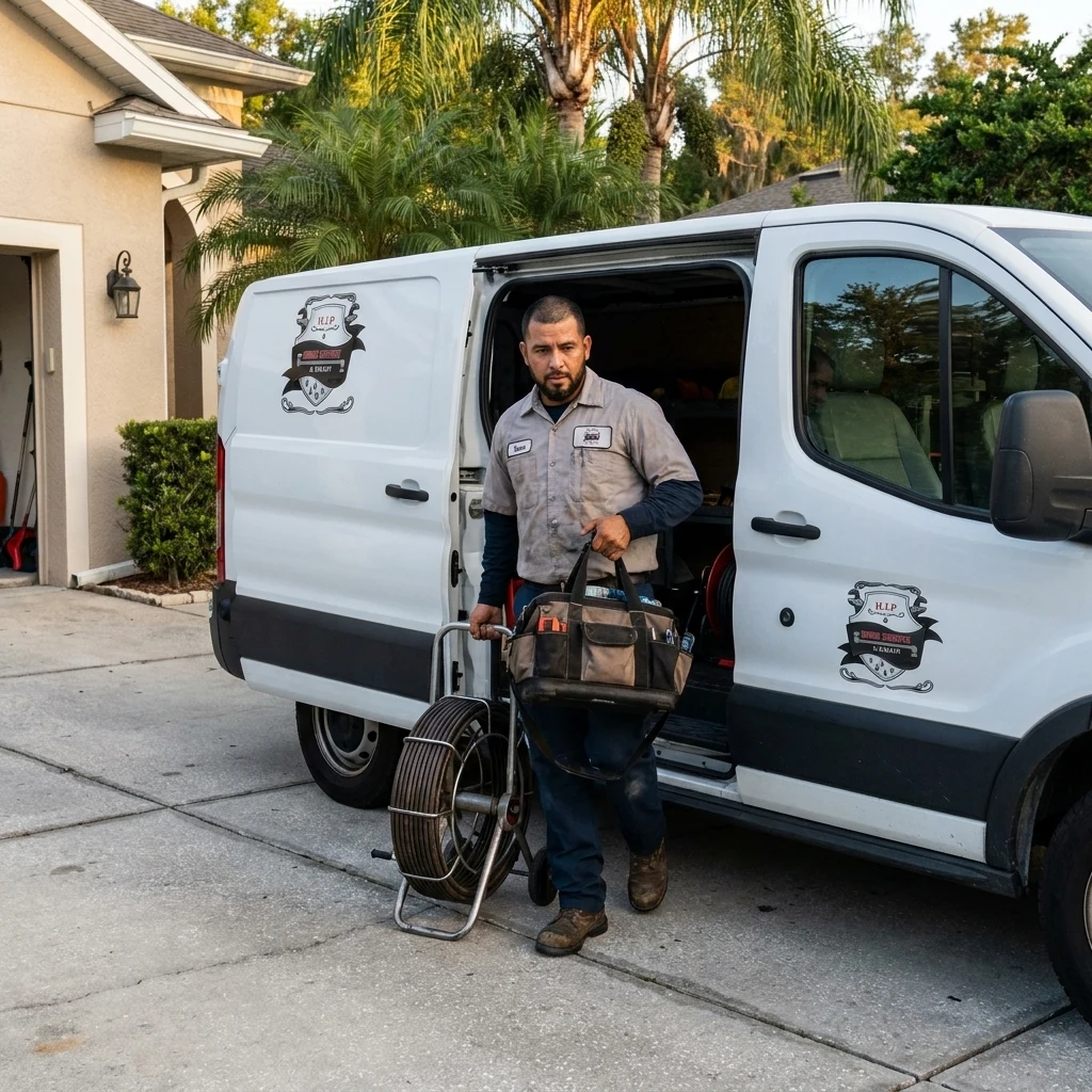 Technician carrying a tool bag and cable reel out of a white service van parked in a Riverview driveway