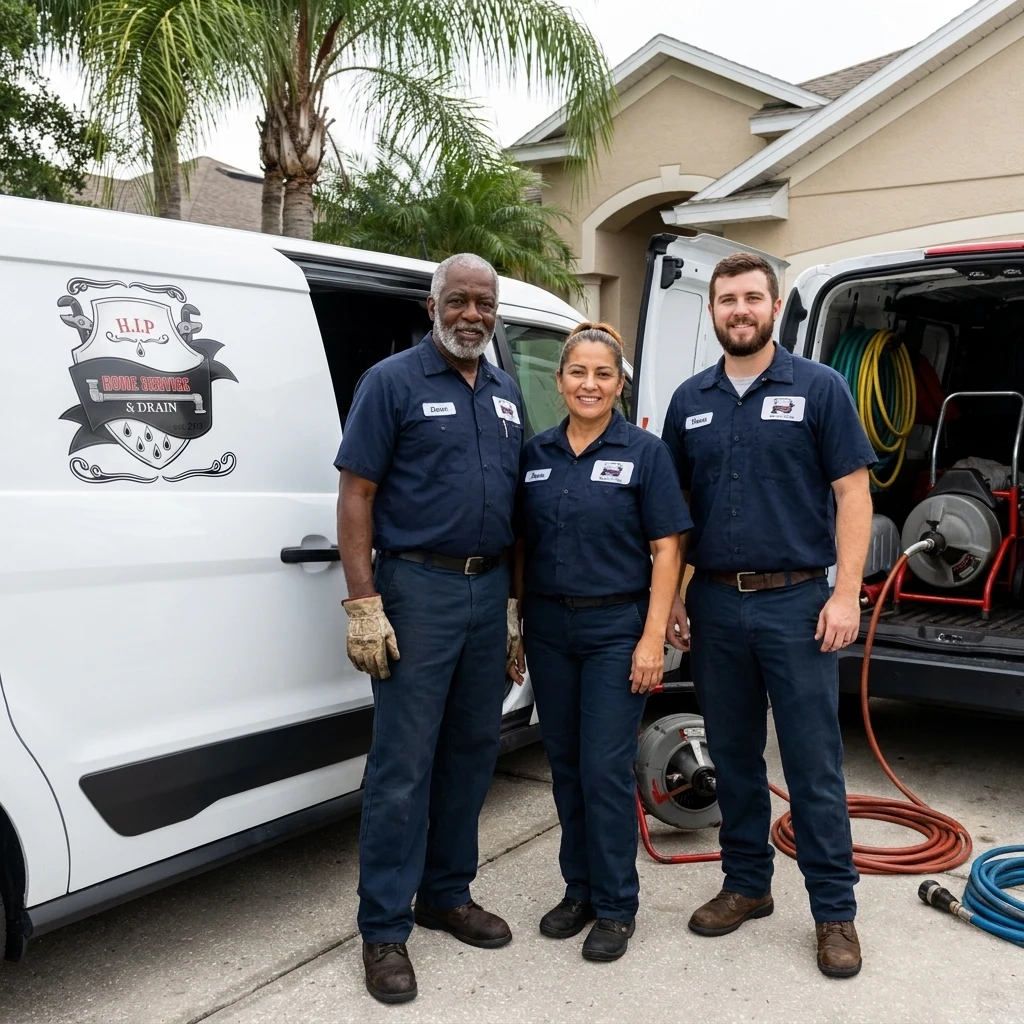 Three drain technicians standing beside a white service van in a Riverview driveway