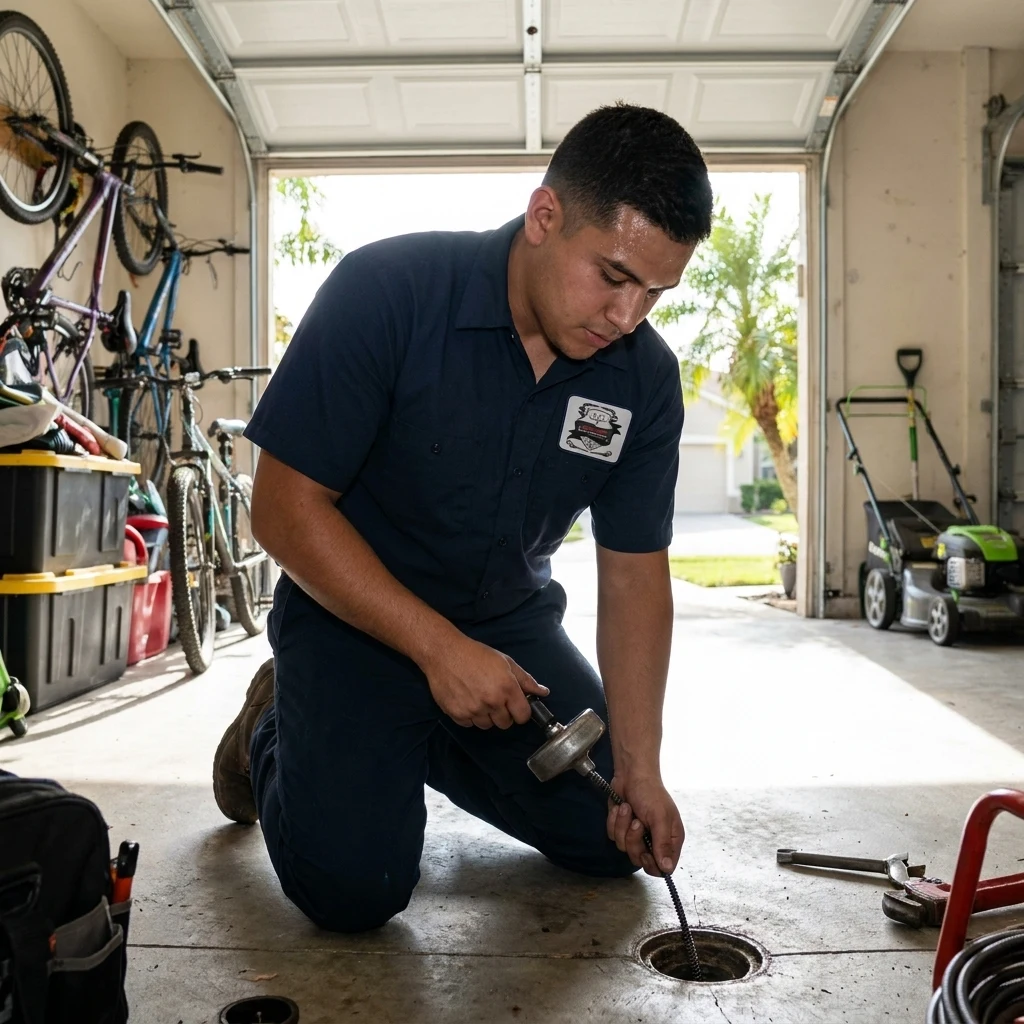 Garage floor drain being cleaned at a Ruskin home