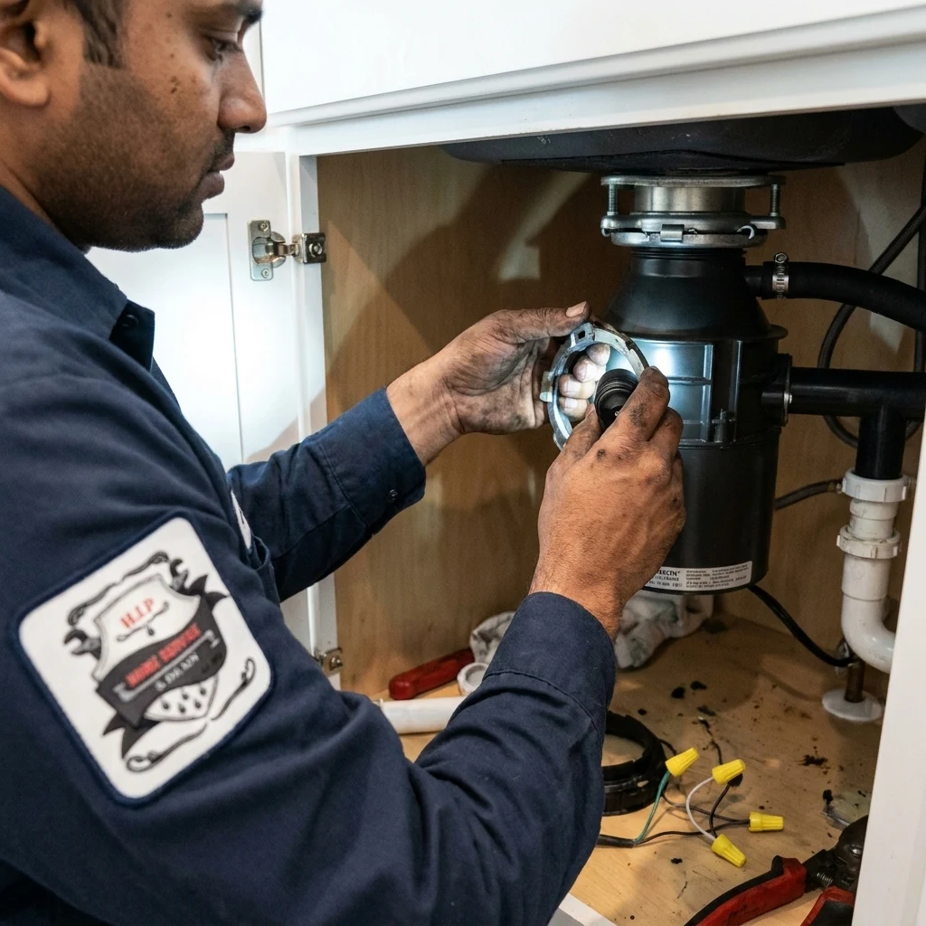 Technician examining a garbage disposal and sink trap under a kitchen sink